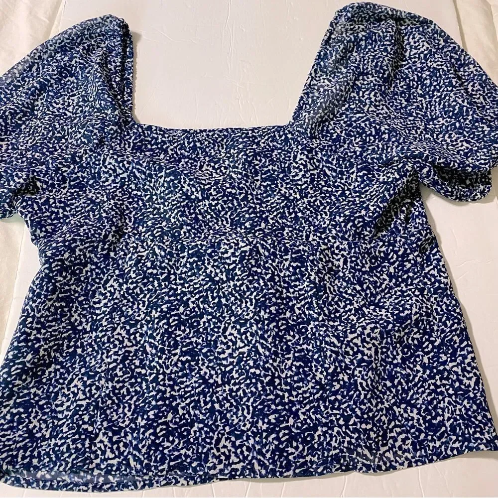 NWT Madewell Bengali Print Sweetheart Puff Sleeve Button Front Blouse Blue 6